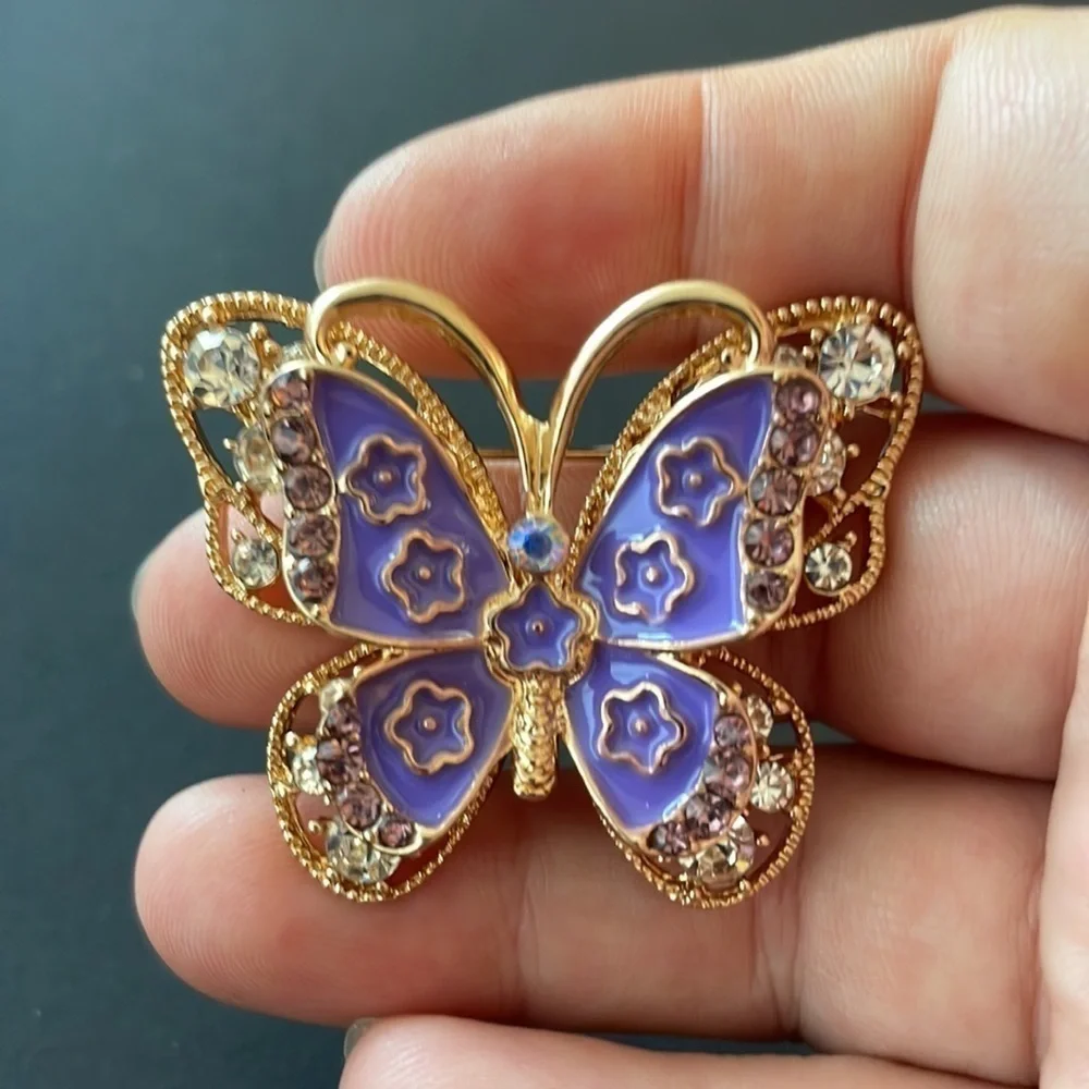 Anthropologie Purple Crystal Butterfly Brooch Gold Tone Pin